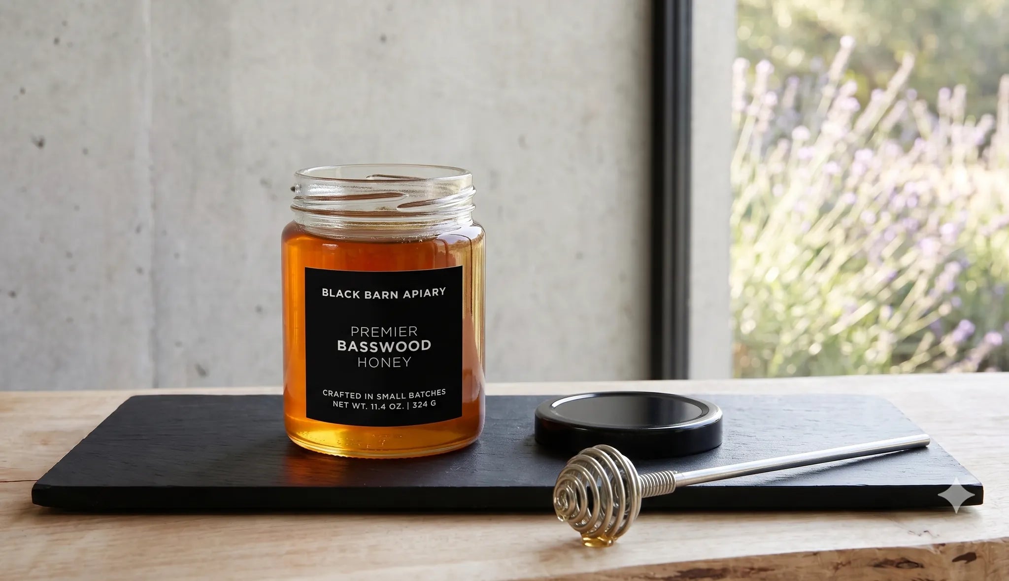 Black Barn Apiary honey jars styled on the gifting table