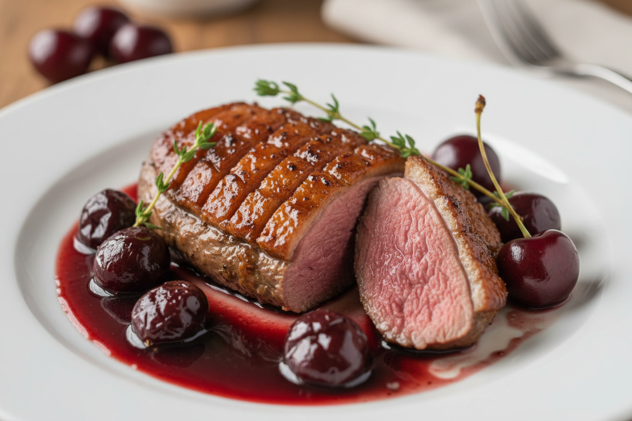 Ancho Honey Glazed Duck Breast with Cherry Jus