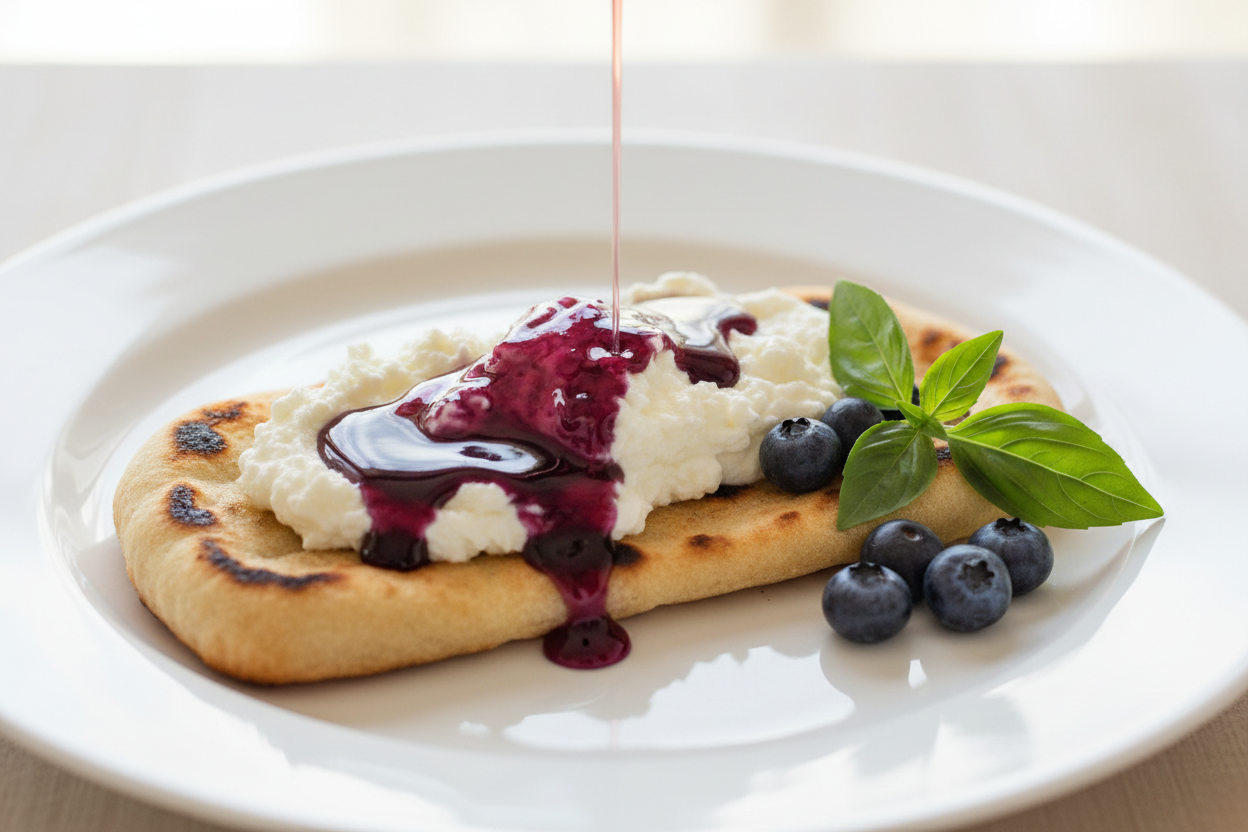 Blueberry Basil Honey and Whipped Ricotta on Grilled Flatbread