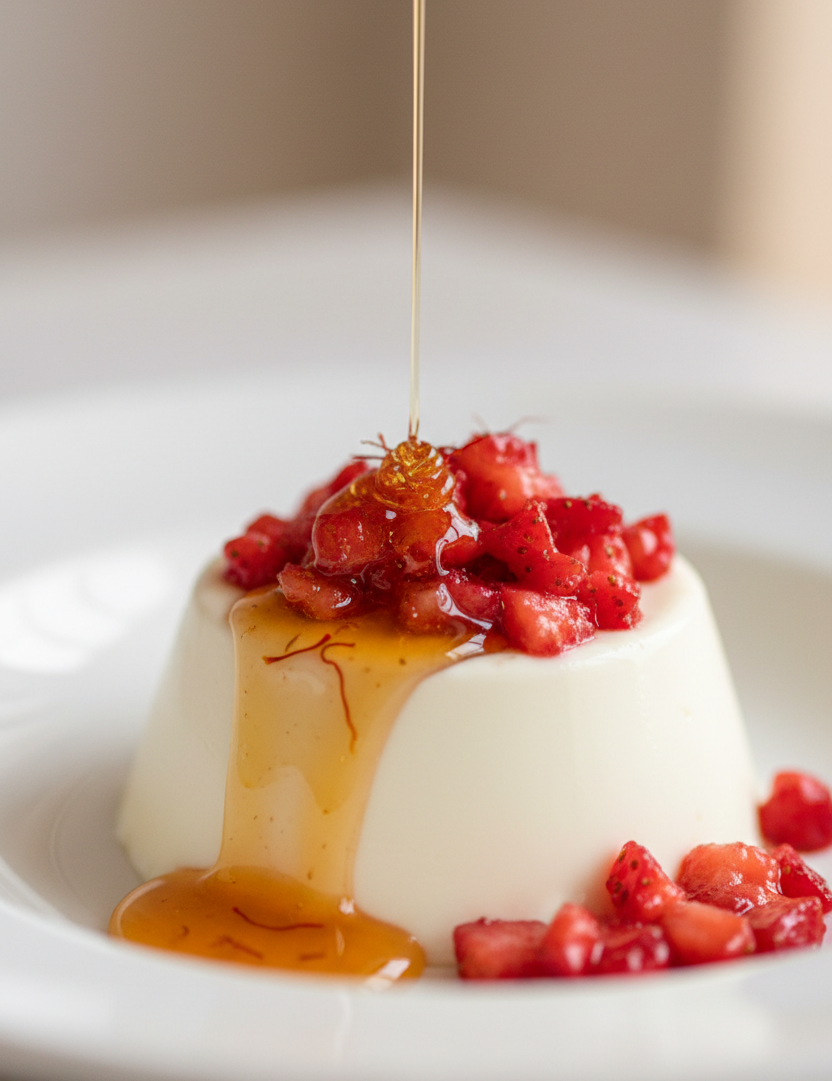 Saffron Honey Panna Cotta with Macerated Strawberries