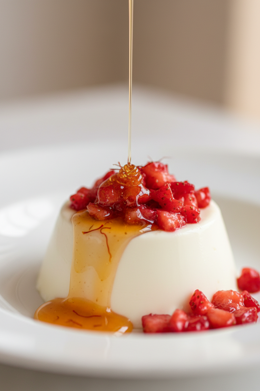 Saffron Honey Panna Cotta with Macerated Strawberries